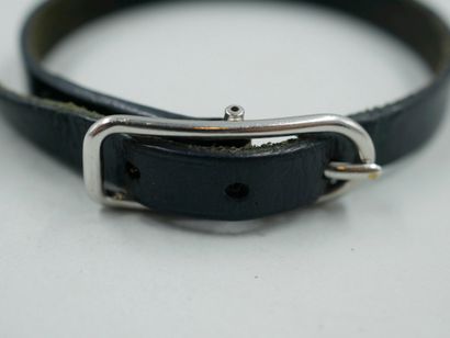 null HERMES Paris. Black leather "Hapi" bracelet, silver plated clasp. Length 21,5...