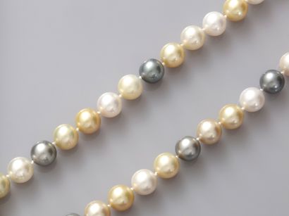 null Necklace made of grey Tahitian pearls, white, pink and gold cultured pearls....