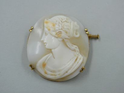 null A shell cameo brooch representing a Greek woman in profile. Mounted in 18k yellow...
