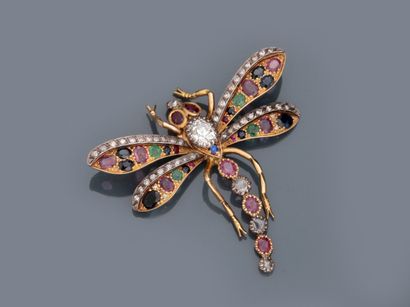 null 18k yellow gold and silver dragonfly brooch with a 0.90ct half-cut diamond in...