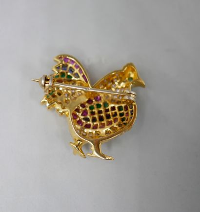 null Broche en or 14k figurant un coq6 orné de diamants, saphirs, émeraudes et rubis...