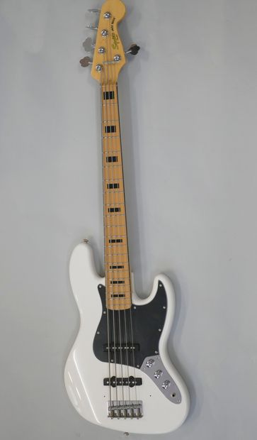  Squier by Fender Solidbody 5 string electric bass guitar, maple neck, Olympic White...