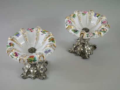null A pair of poly-lobed opaline cups with white background and polychrome decoration...