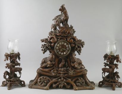 null Important carved wood mantelpiece with mountain animals (goats, hinds, sheep...)....