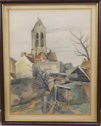 null Set of 3 framed pieces including : 

- J. ROUSSON (?). View of a church, 1939....