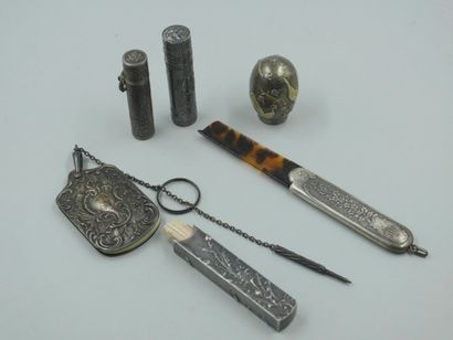 null Silver and silver plated lot including two salt bottles, a silver ruler in its...