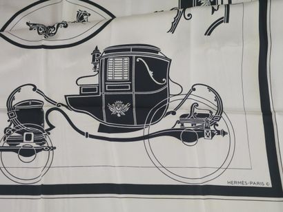 null HERMES Paris. 

Silk scarf with black carriages on white background. 

(Slightly...