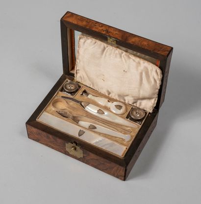null Travel writing set with mother-of-pearl accessories including a stamp, two inkwells,...