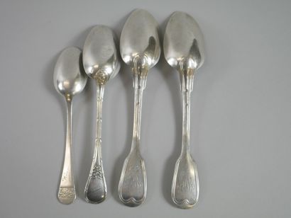 null Lot including: four silver spoons with net, ribbon, monogram and first name...