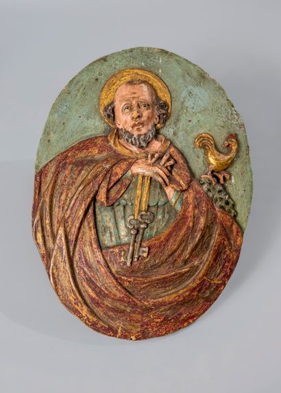 null Pair of oval polychrome wood panels representing Saint Peter and Saint Paul.

GERMANY...