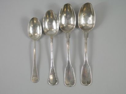 null Lot including: four silver spoons with net, ribbon, monogram and first name...