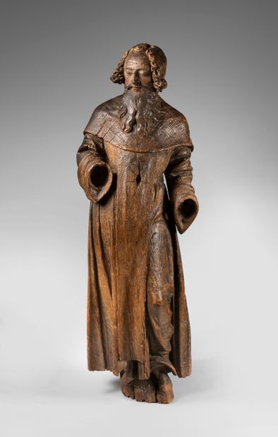 null Sculpture en bois naturel représentant un moine appartenant à l'ordre cistercien...