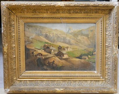 null French school 20th century. 

Peasant blowing a horn on a mountainous landscape.

...