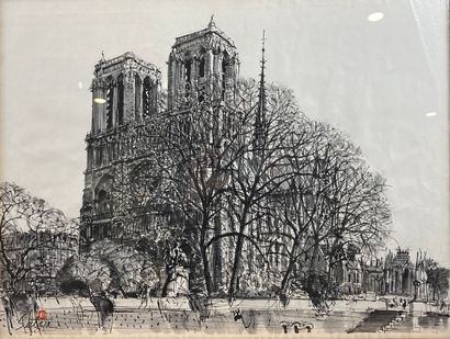 null École Française XIXè siècle. 

La Cathédrale Notre Dame de Paris. 

Encre de...