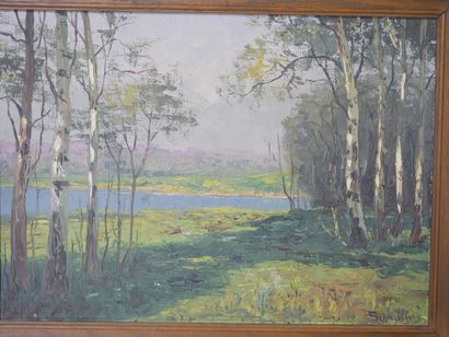 null French school 20th century. 

Landscape with a lake. Oil on isorel panel signed...