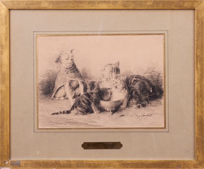 null Eugène LAMBERT (1825 - 1900). 

Dogs and cats. 

Pen drawing. 

Signed lower...