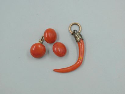null Lot including: cufflinks mounted on metal and coral pendant mounted on silver,...