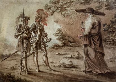 null French school XIXth century. 

Don Quixote meeting a Hermit.

Pen and watercolor...