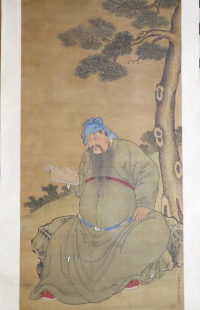 null CHINA, circa 1900. 

Painting on silk representing a scholar reading under the...