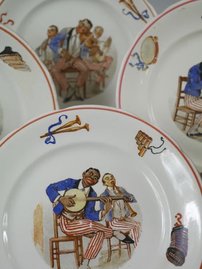 null Six earthenware plates decorated with jazz players. Inscribed on the reverse...