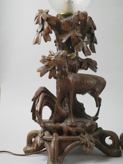 null Important carved wood mantelpiece with mountain animals (goats, hinds, sheep...)....