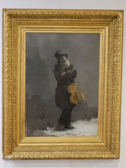 null 
Louis-Robert CARRIER-BELLEUSE (1848-1913). Le mendiant musicien dans la neige....