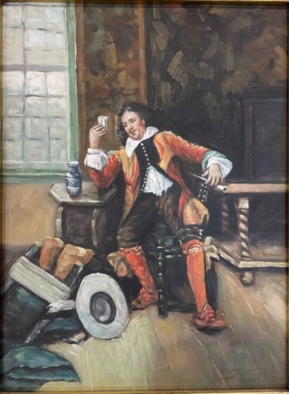 null 
Dutch school 20th century.




Seated man in costume, holding a glass. 




Oil...