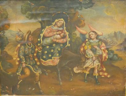 null School of CUZCO XVIIIth century. 

The flight in Egypt.

Oil on canvas mounted...