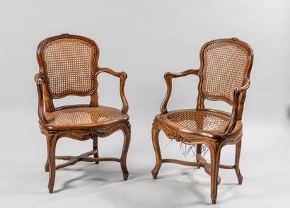null Pair of cabriolet armchairs dark cane in natural wood molded and carved with...
