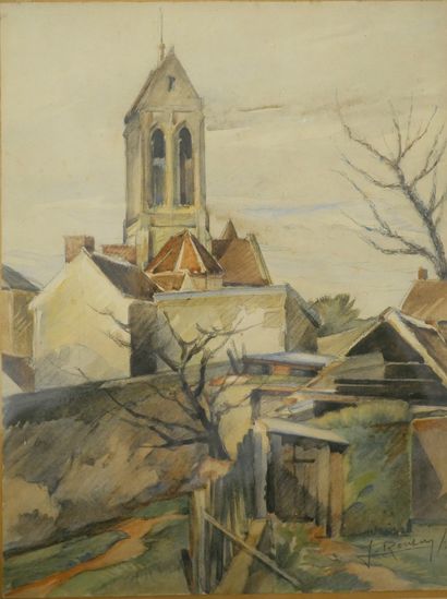 null Set of 3 framed pieces including : 

- J. ROUSSON (?). View of a church, 1939....