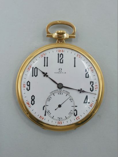 null OMEGA.

18k yellow gold pocket watch. Round case, ivory dial with Arabic numerals...