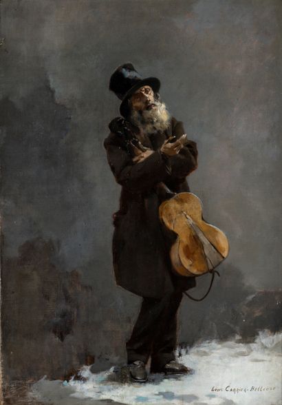 null 
Louis-Robert CARRIER-BELLEUSE (1848-1913). The beggar musician in the snow....