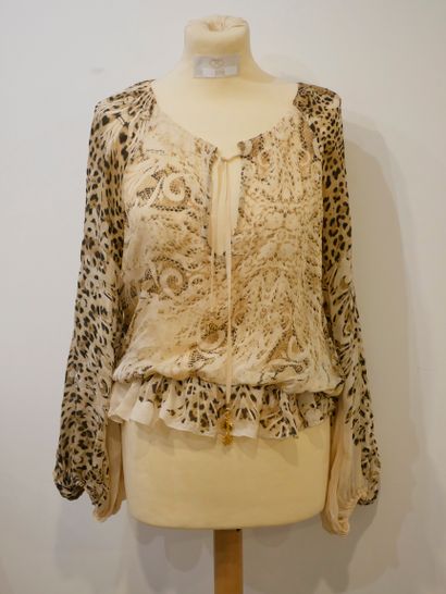 null ROBERTO CAVALLI. Set of 3 leopard print tops: 1 high collar blouse (missing...