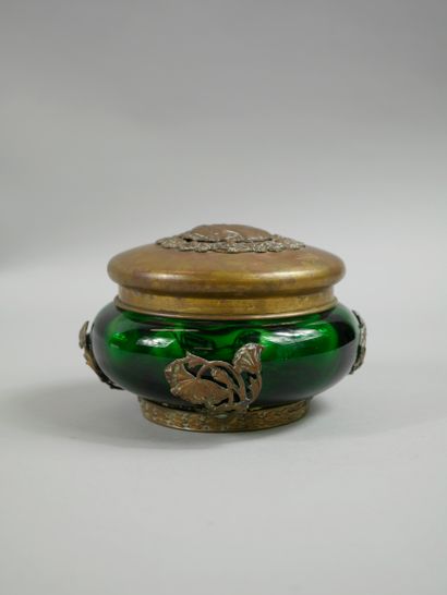 null Candy jar in green glass, gilded copper frame and lid with flowers and leaves,...
