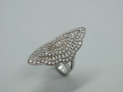 null Marquise ring in 9k white gold with an openwork design of a stylized leaf paved...