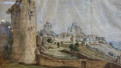 null View of Provins. Watercolor located and dated lower left PROVINS 1835. In the...