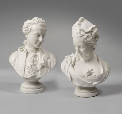 null Two bisque busts representing a woman and a man in the taste of the eighteenth...
