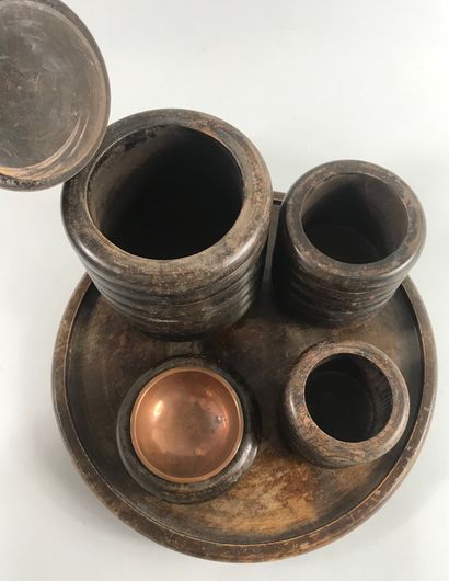 null Tobacco set in turned wood with rings composed of a covered pot, two pots, an...