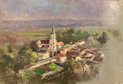 null French school XXth century. 

View of a village in Alsace. 

Oil on isorel....