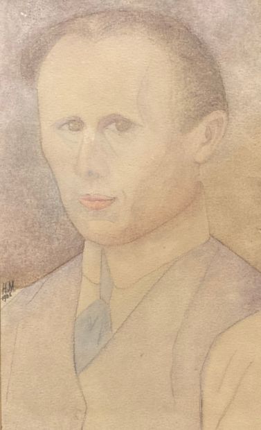 null Portrait of a man with a tie. Watercolor on paper, monogrammed HM on the left...