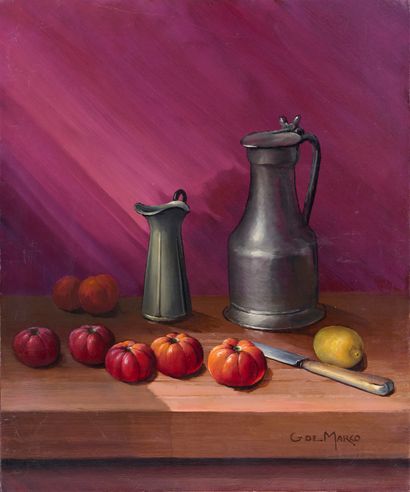 null G DE MARCO (XX è). 

Still life with pewter jugs and tomatoes. 

Oil on canvas...