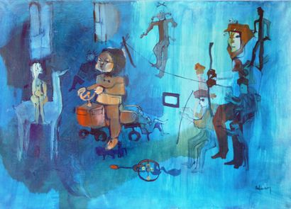 null Philippe DELOISON (20th).

The child with tightrope walkers, 1967.

Oil on canvas.

65...