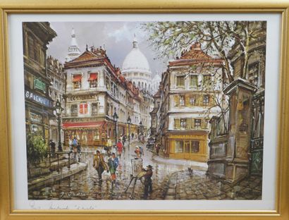 null Set of 3 framed pieces including: 

- J. ROUSSON (?). View of a church, 1939....