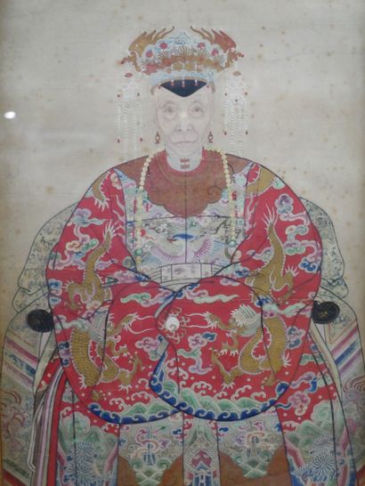null CHINA, 19th century. 

Portrait of an elderly noblewoman, seated, depicted in...