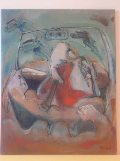 null Philippe DELOISON (20th).

The men cars. 

Oil on canvas. 

80 x 65cm.