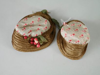 null Two hats: fabric caps with floral motifs and braided straw brim decorated with...