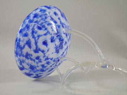 null Large bowl on twisted pedestal in translucent and blue-speckled white glass...