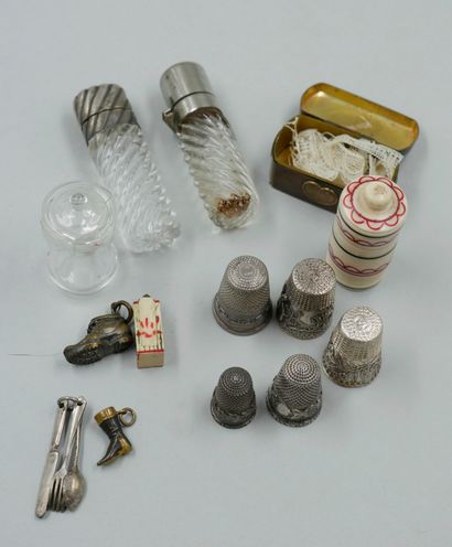 null Lot including: silver thimble, metal box, metal and silver miniatures, horn...