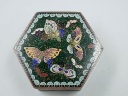 null CHINA. 

Vase in cloisonné bronze and polychrome enamels decorated with butterflies,...