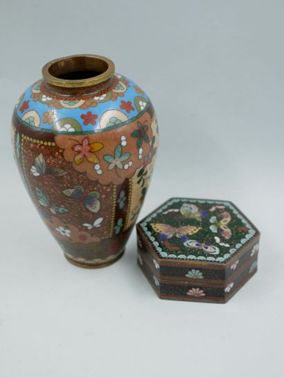 null CHINE. 

Vase en bronze cloisonné et émaux polychromes à décor de papillons,...